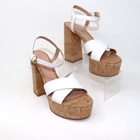 Gianvito Rossi 37.5 NEW With Box Nappa White Leather & Cork Bebe Sandal Heels - Picture 4 of 13